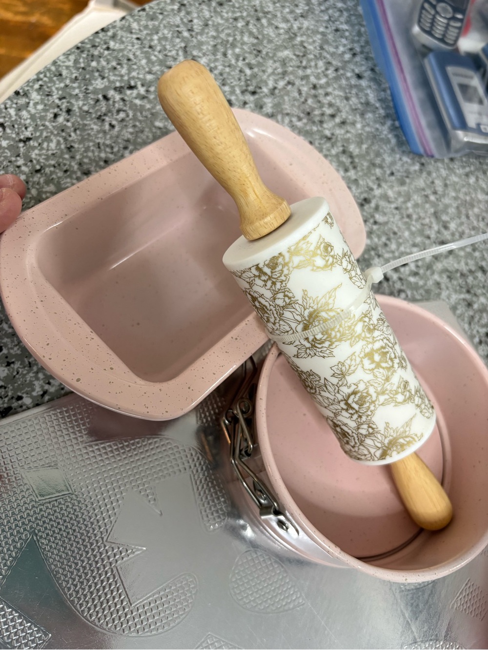 Mini Pink Ceramic Rolling Pin with Floral Design, mini baking pan and Bundt